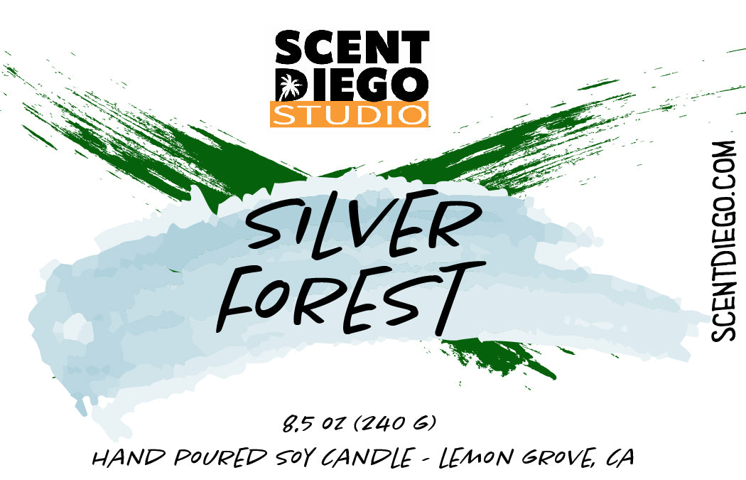 A label for a candle product named Silver Forest by Scent Diego Studio, featuring a green and blue color scheme.