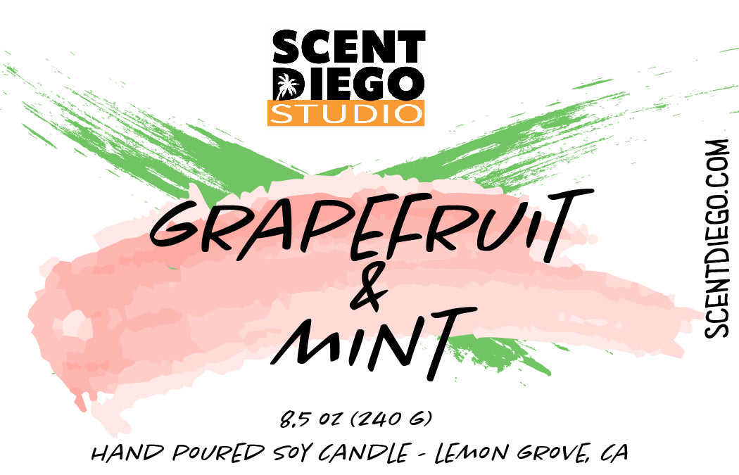 A candle label featuring the scents Grapefruit & Mint with a watercolor design in green, pink, and white.