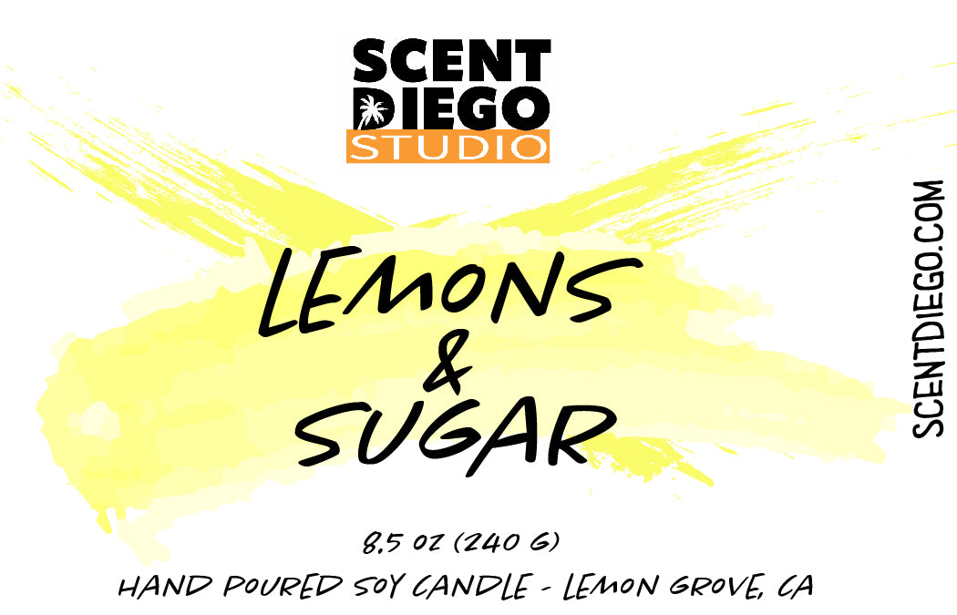 Label for Lemons and Sugar candle by Scent Diego Studio, featuring yellow and white design elements and text.