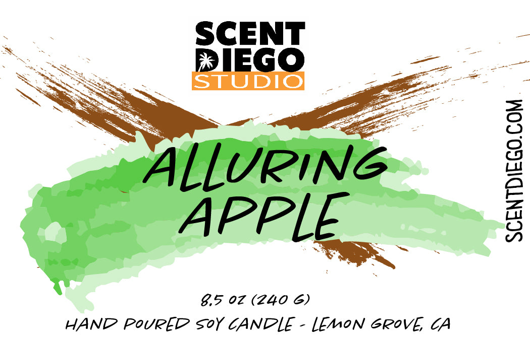 Scent Diego Studio Alluring Apple candle packaging of the label with green and brown abstract design.