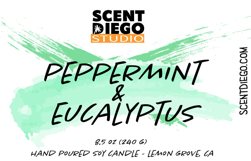 Label of a candle with peppermint and eucalyptus scent, green background, white and orange text.