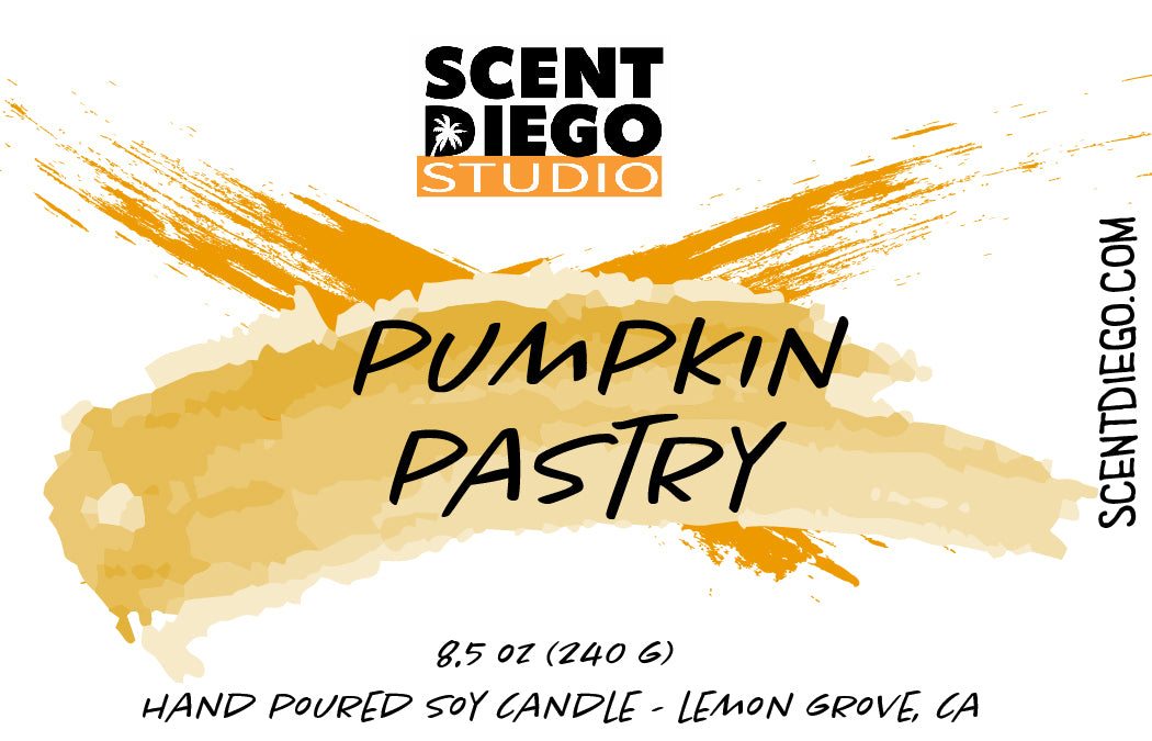 Scent Diego Studio pumpkin pastry candle label with artistic design elements.