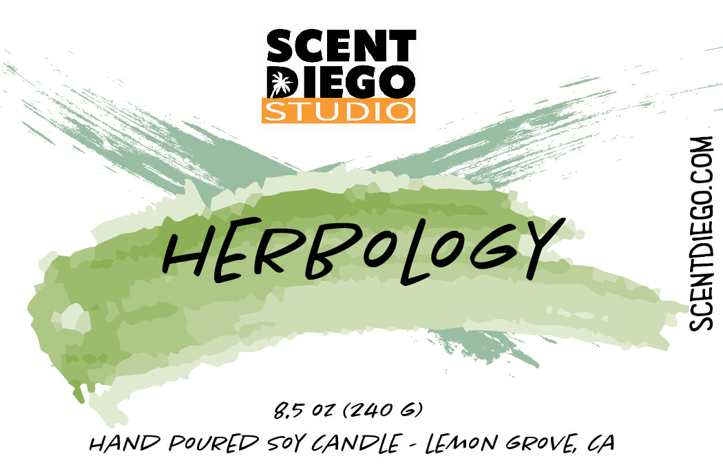 Scent Diego Studio Herbology candle packaging with green brushstroke design and brand name.