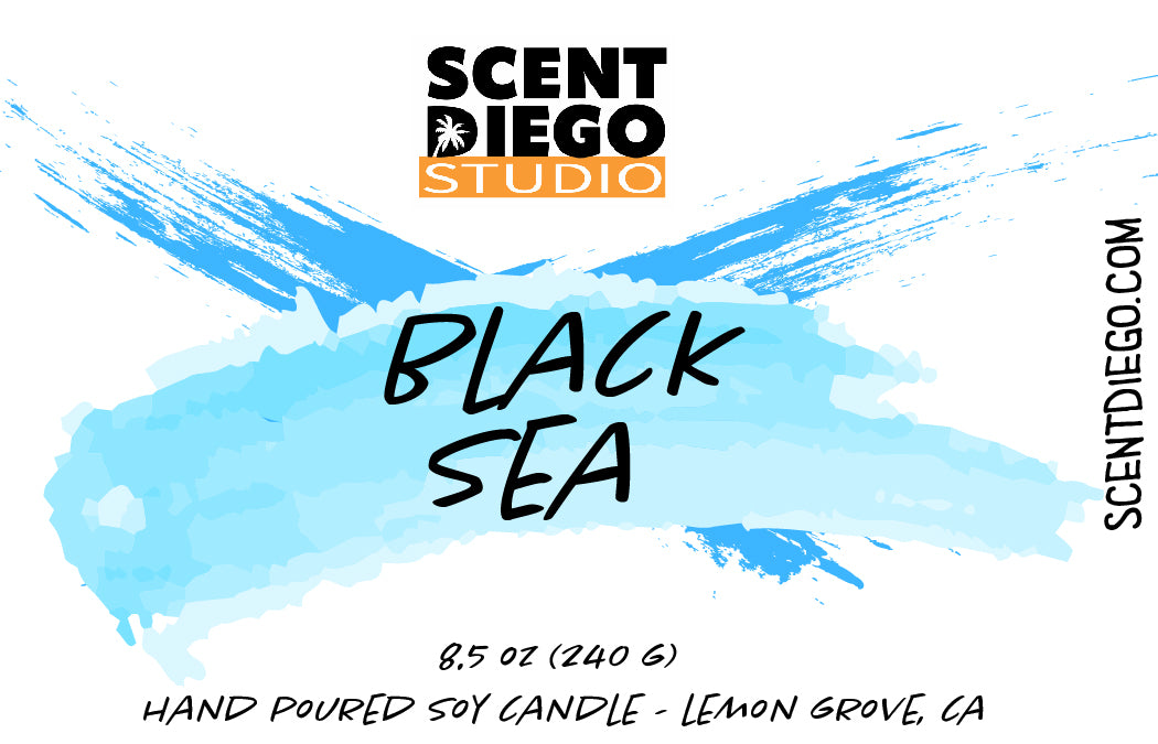 Scent Diego label of the candle. Black Sea is displayed in the front with blue slash marks behind it and with the logo of the scent Diego studios.