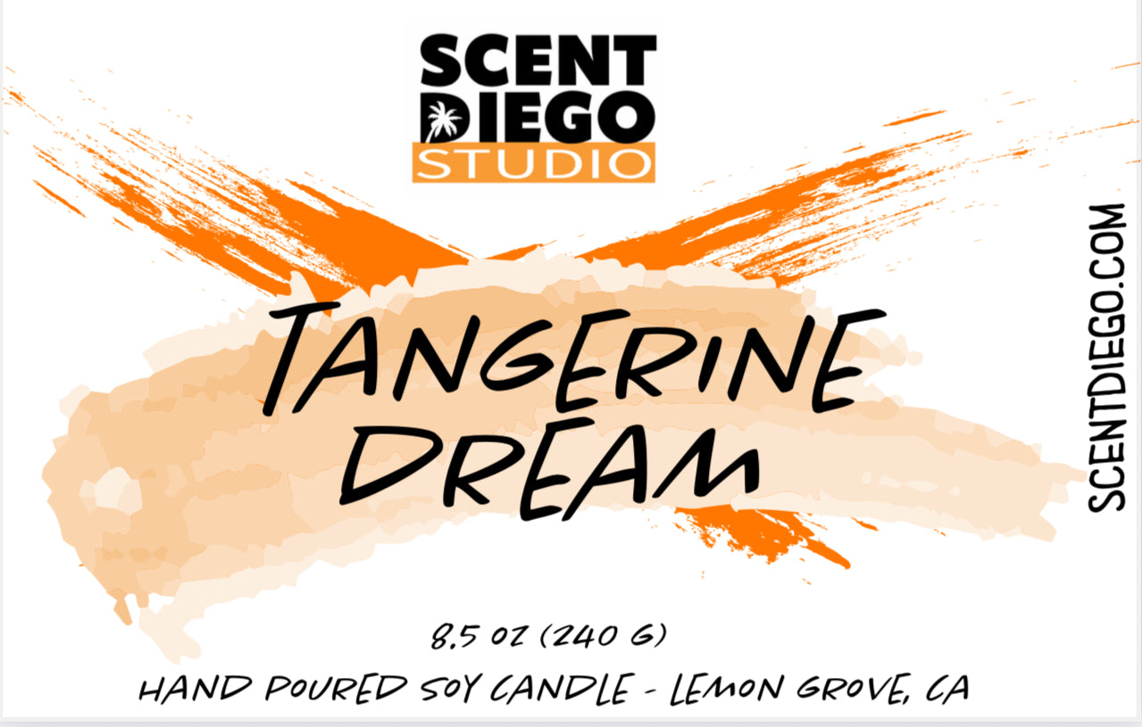 Scent Diego Studio Tangerine Dream candle packaging with orange and beige abstract design. Label for candle.