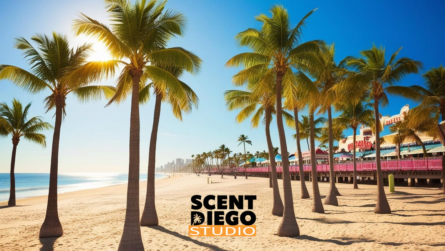 Scent Diego Studio logo on top of an image of a beach scene featuring palm trees and a boardwalk.