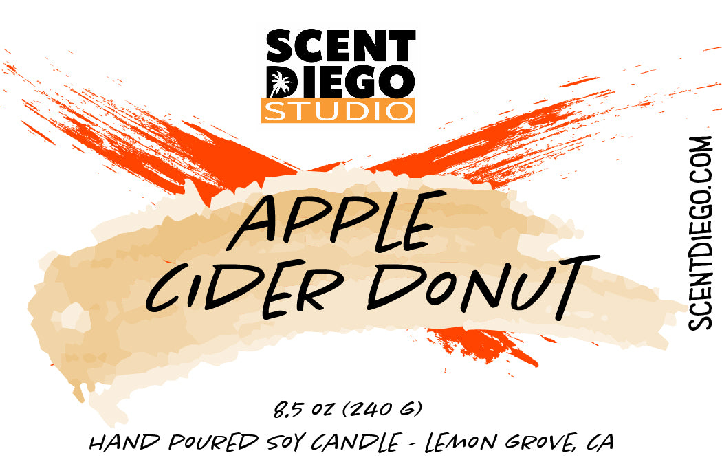 Scent Diego Studio Apple Cider Donut candle label with colorful design elements.