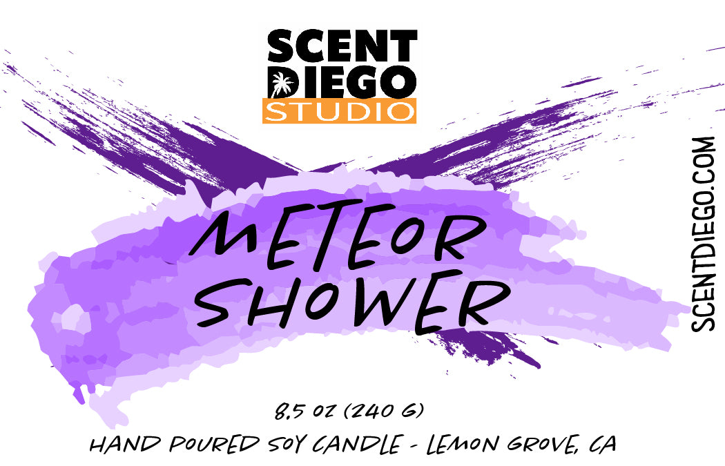 Scent Diego Studio candle packaging with purple and black design- Meteor Shower