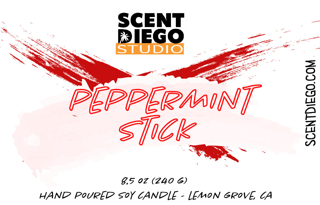 Scent Diego Studio Peppermint Stick candle packaging with red and black design.