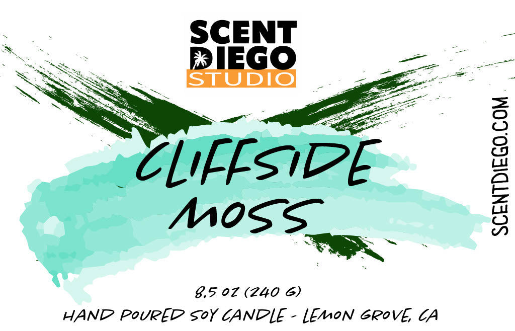 Scent Diego Studio Cliffside Moss candle label with teal and green brush strokes on a white background