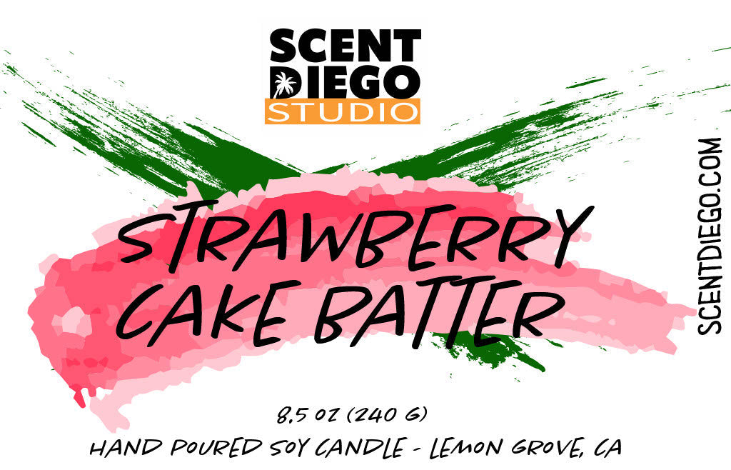 Scent Diego Studio Strawberry Cake Batter candle label packaging with colorful design and text.