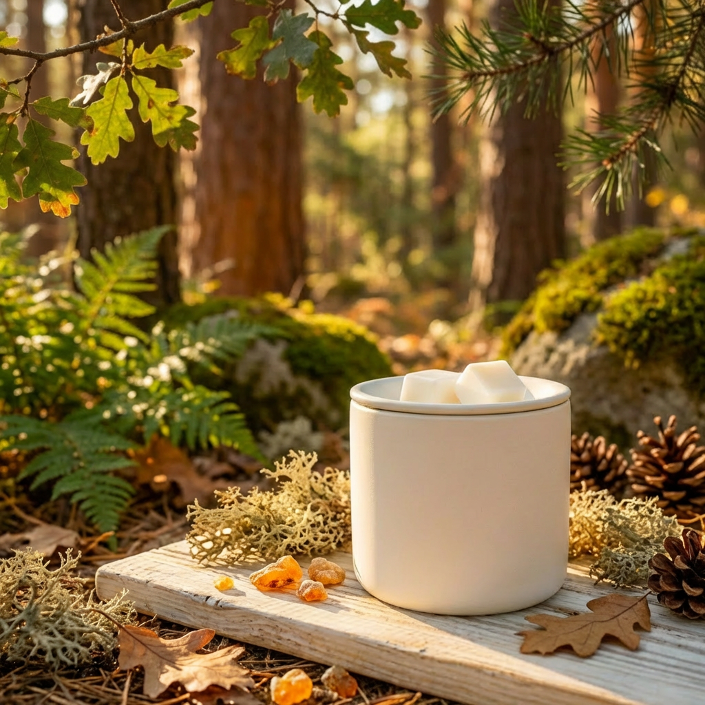 White ceramic wax melter with two wax melt cubes sitting in int. There are leaves and trees in the back ground and the wax melter is sitting on a wooden platform in a forest setting