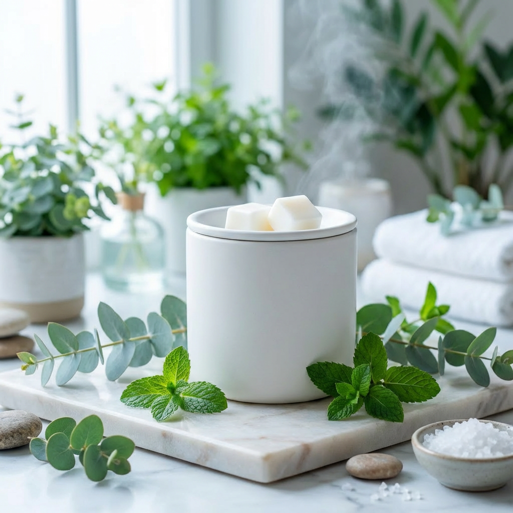 White ceramic Wax melter with two wax melt cubes in it. Its sitting on a marble surface with greenery and towels in the background