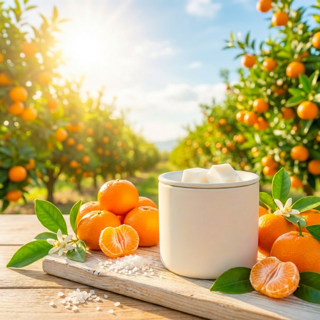 Oranges on a wooden board with a white wax melter and two cubes sitting in it. It is on a table with orange trees in the background