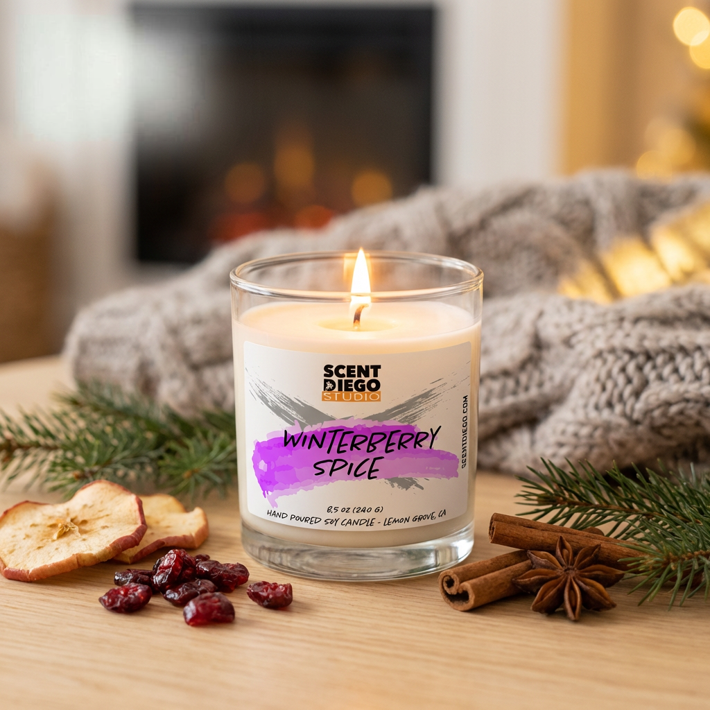Scented candle labeled 'Winterberry Spice' on a wooden surface with festive decorations.  There is a sweater in the background.  The candle is lit with a flame.