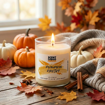 Scented candle labeled 'Pumpkin Pastry' with pumpkins, leaves, and cinnamon sticks on a wooden surface.  The candle is lit with a flame.