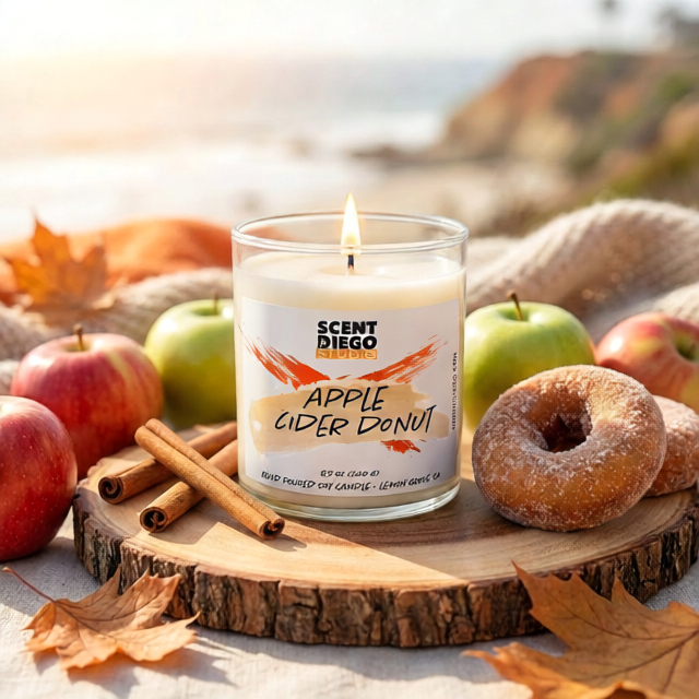 Scented candle labeled 'Apple Cider Donut' surrounded by apples, a donut, and cinnamon sticks on a wooden surface with a blurred natural background. The candle is lit with a flame.