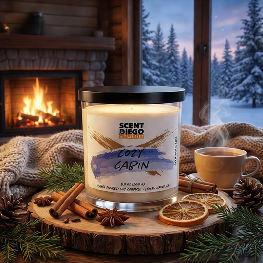 Scented candle labeled 'Cozy Cabin' on a wooden surface with a fireplace and snowy landscape in the background.