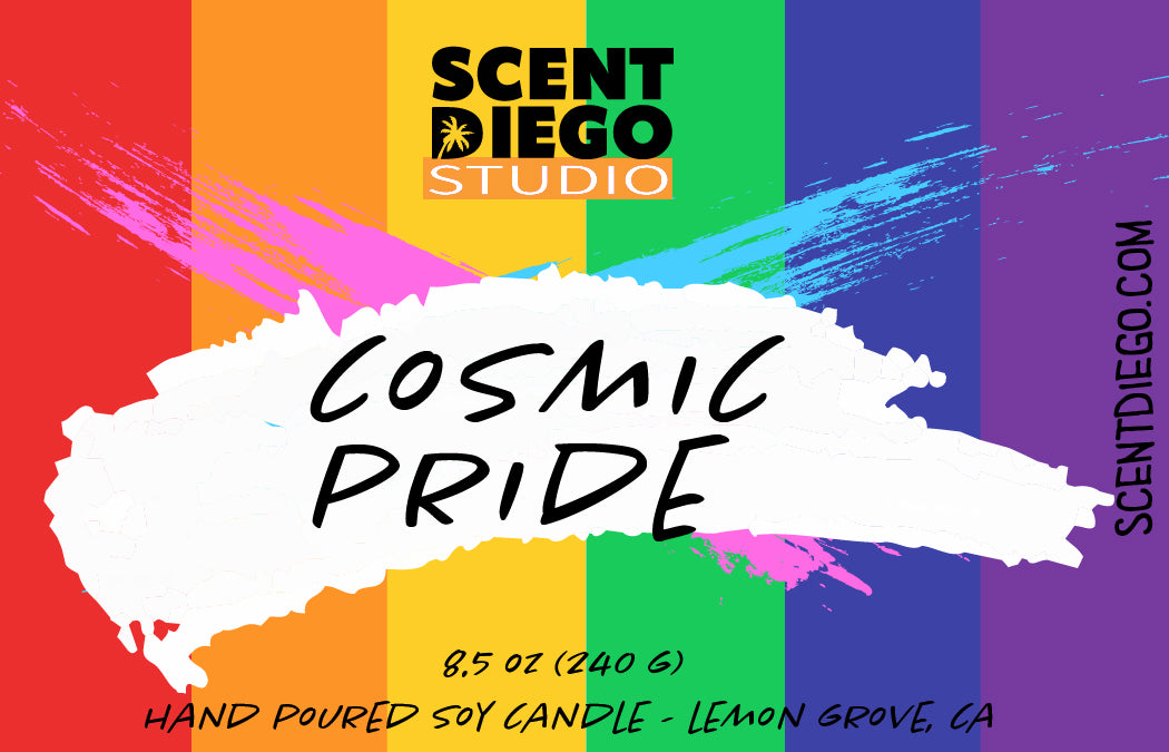 Image of the candle label for a candle with colorful design and 'Scent Diego Studio' branding.  Cosmic Pride.