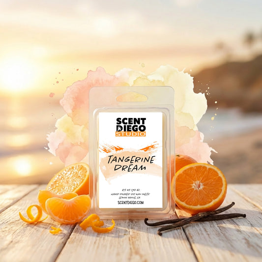 Scented wax bar with tangerine flavor on a wooden surface with oranges and vanilla beans, branded 'Scent Diego Studio'.