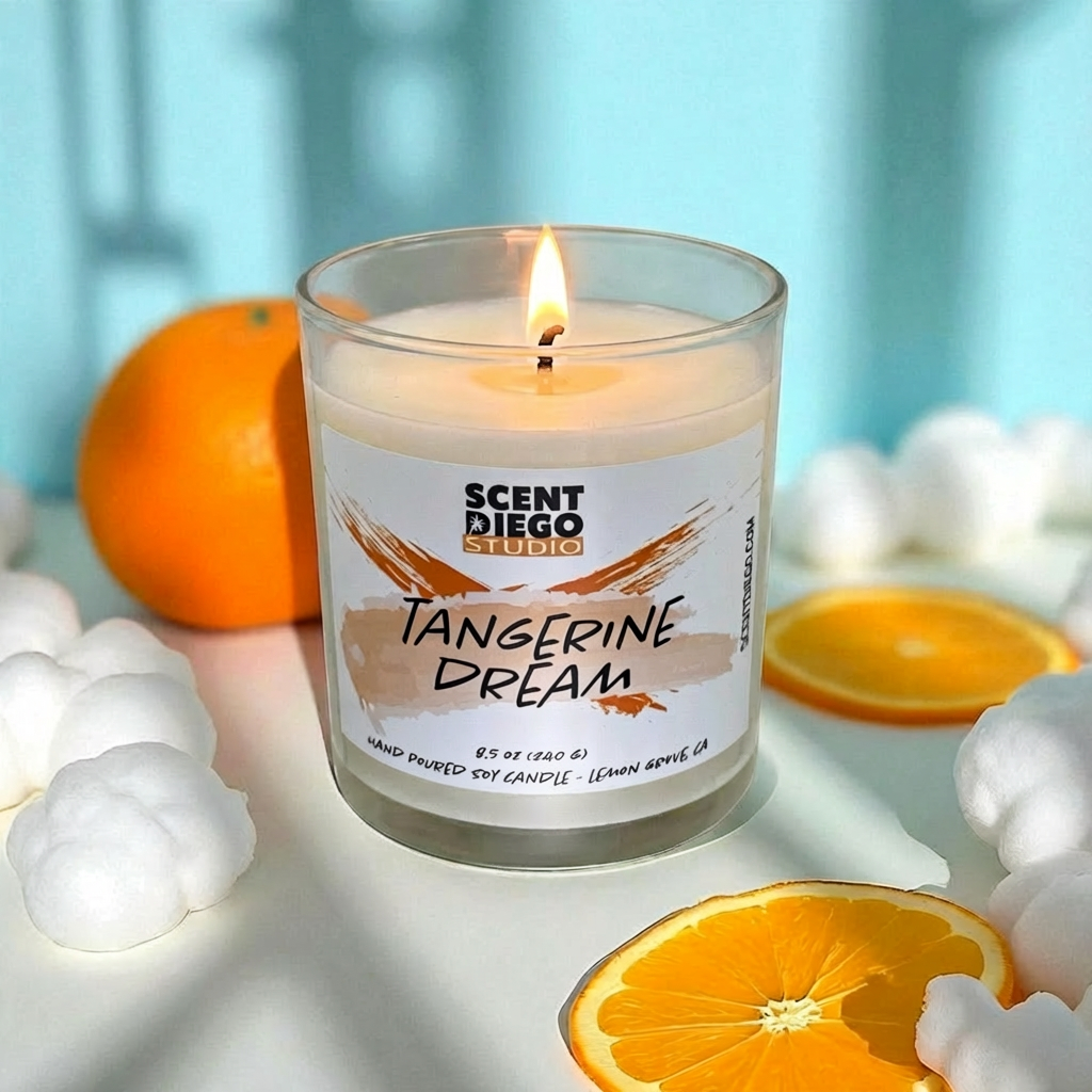 Candle labeled 'Tangerine Dream' by Scent Diego Studio with oranges and decorative elements on a light background with the a flame