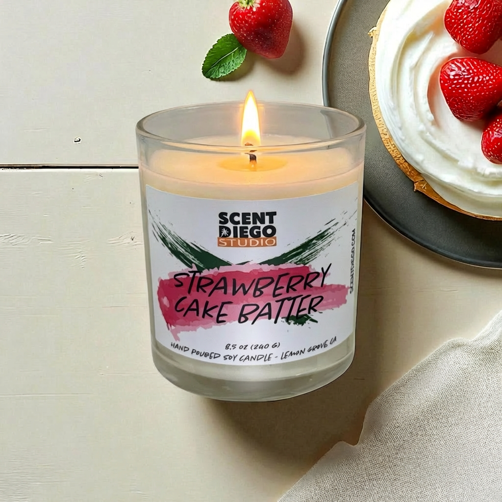 Scented candle labeled 'Strawberry Cake Batter' with a cake and strawberries on a table.  The candle is lit with a flame.