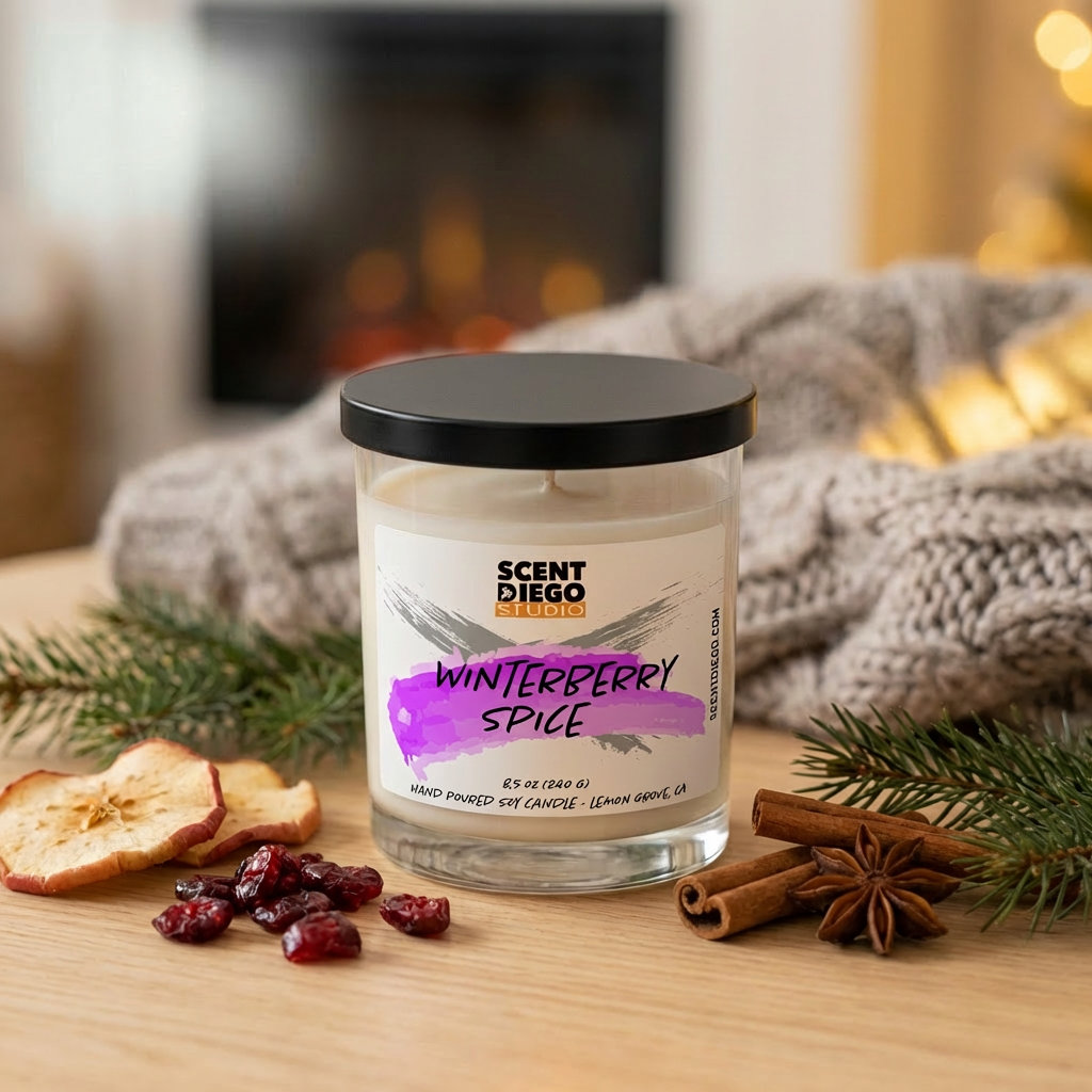 Scented candle labeled 'Winterberry Spice' by Scentediego on a wooden surface with decorative elements.  Cinnamon spice and a sweater in the background.