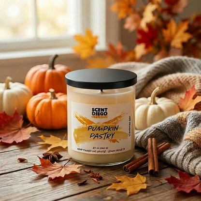 Scented candle labeled 'Pumpkin Pastry' surrounded by pumpkins, leaves, and cinnamon sticks on a wooden surface.
