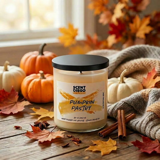 Scented candle labeled 'Pumpkin Pastry' surrounded by pumpkins, leaves, and cinnamon sticks on a wooden surface.
