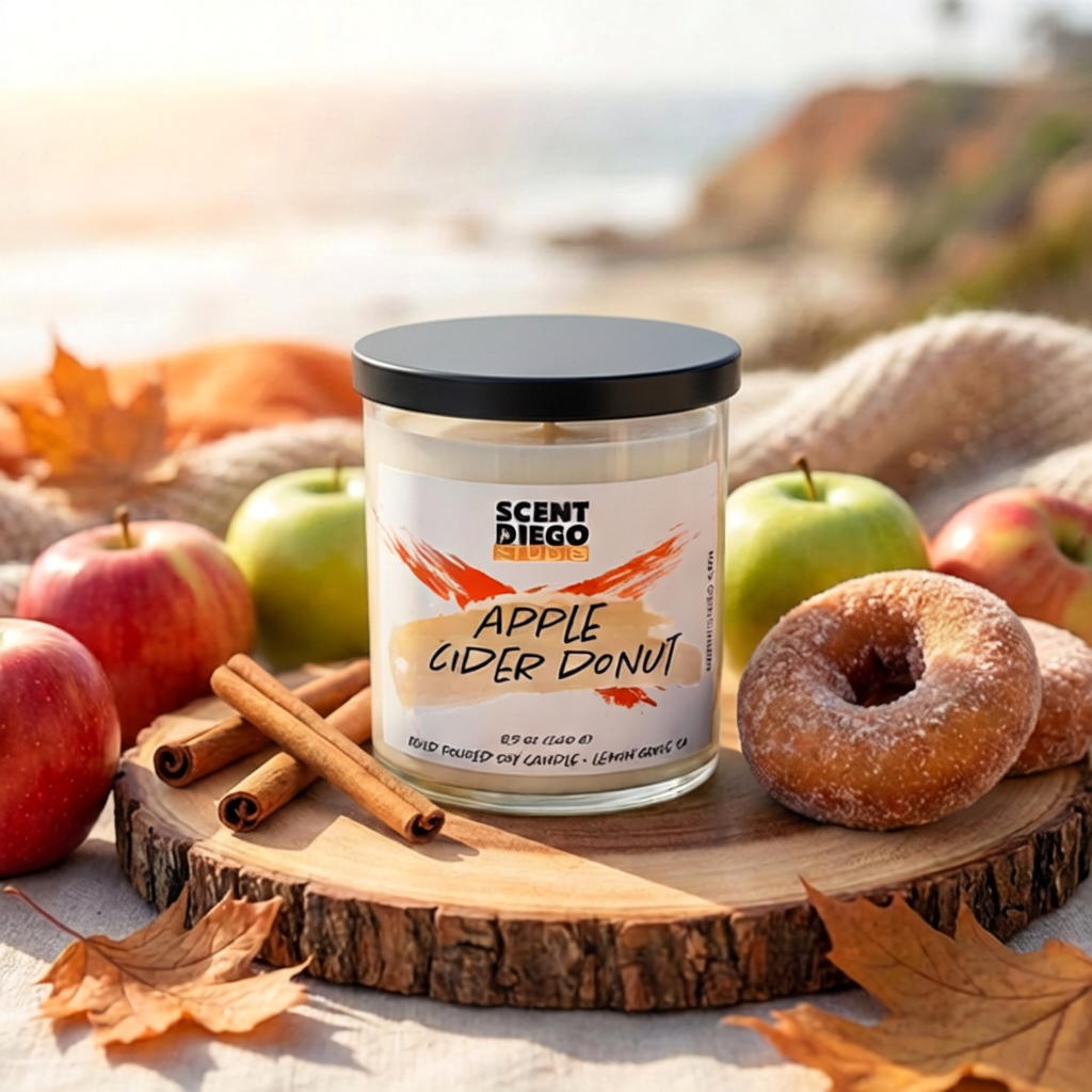 Scented candle labeled 'Apple Cider Donut' surrounded by apples, a donut, and cinnamon sticks on a wooden surface with a scenic background.