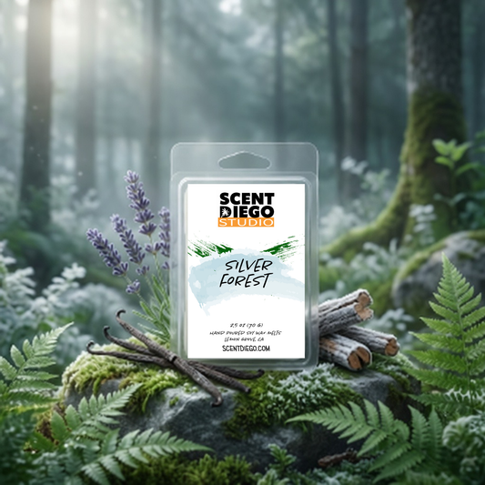 Scented wax packaging labeled 'Silver Forest' by Scent Diego Studio in a forest setting.