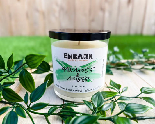 Embark oakmoss and amber candle on wood plank with vines
