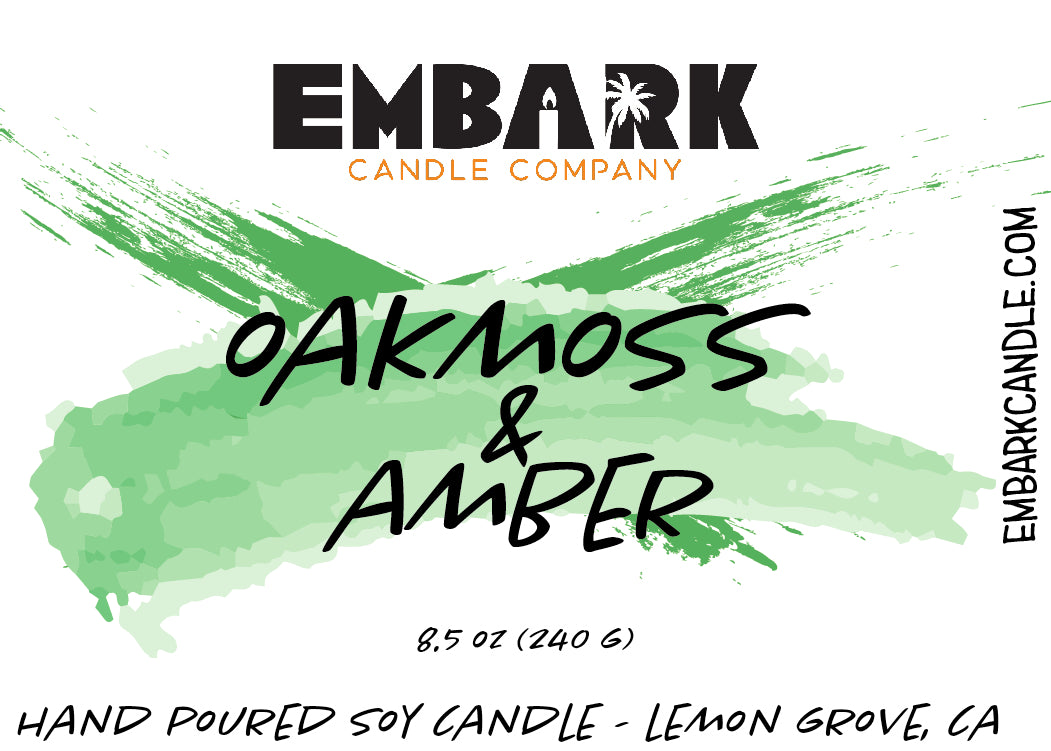 Embark candle oakmoss and amber candle label